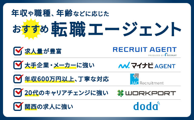 年収や職種、年齢などに応じたおすすめ転職エージェント