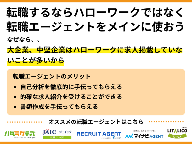 転職するならハローワークではなく転職エージェントをメインに使おう